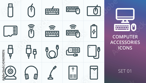 Computer accessories icons set. Set of accessories for pc, computer, desktop, laptop, notebook - wireless mouse, keyboard, flash drive, usb cable, mic, cam, headphones, ups, usb hub vector icons