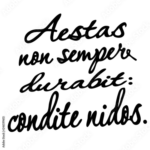 Phrase in Latin "Aestas non semper durabit: condite nidos". In the translation "Summer is not eternal: keep the nests". Lettering.
