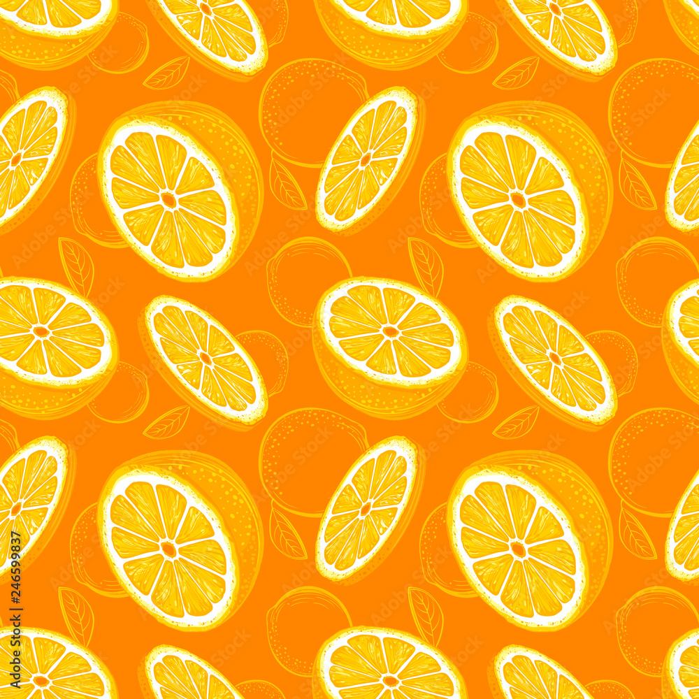 Naklejka Orange seamless pattern. Sketch oranges. Citrus fruit background. Elements for menu, greeting cards, wrapping paper, cosmetics packaging, posters etc