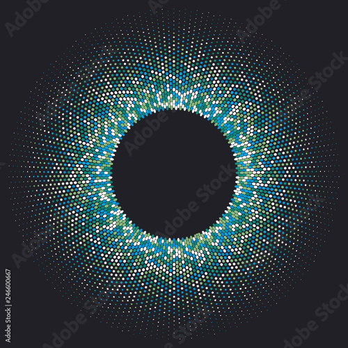 Abstract round frame of decreasing colored circles on a dark background. Vector illustration.