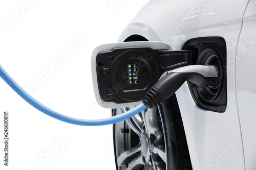 Electric vehicle charging isolated on white background