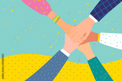 Concept of team work. Friends with stack of hands showing unity and teamwork