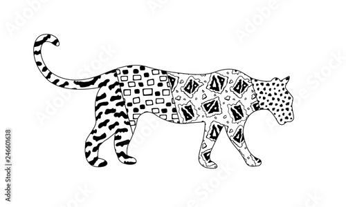 Whole moving ornamental tiger in zen art style with different patterns isolated on white background. Black and white ornate object side view. Spotted  dots  rectangles  triangles textures