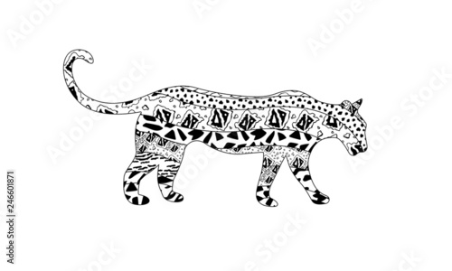 Fototapeta Naklejka Na Ścianę i Meble -  Whole moving ornamental tiger in zen art style with different patterns isolated on white background. Black and white ornate cat side view. Spotted, dots, rectangles, triangles textures