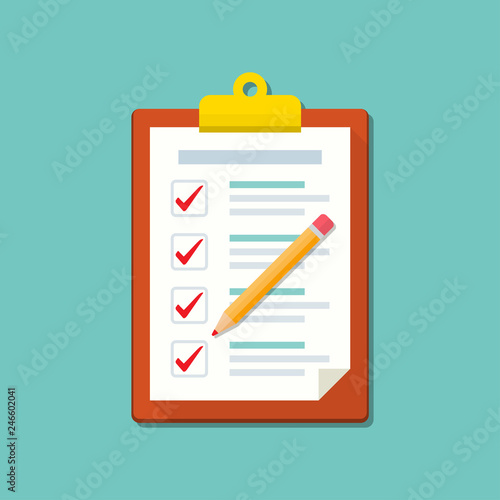 Clipboard with checklist and pencil icon in a flat design