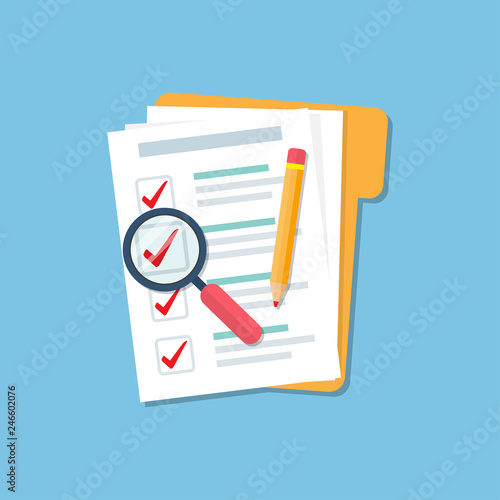 Folder with document checklist, magnify glass and pencil in a flat design. Audit concept