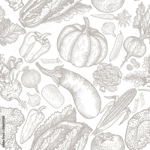 Seamless pattern with vegetables. Sketch hand drawn background. Vector