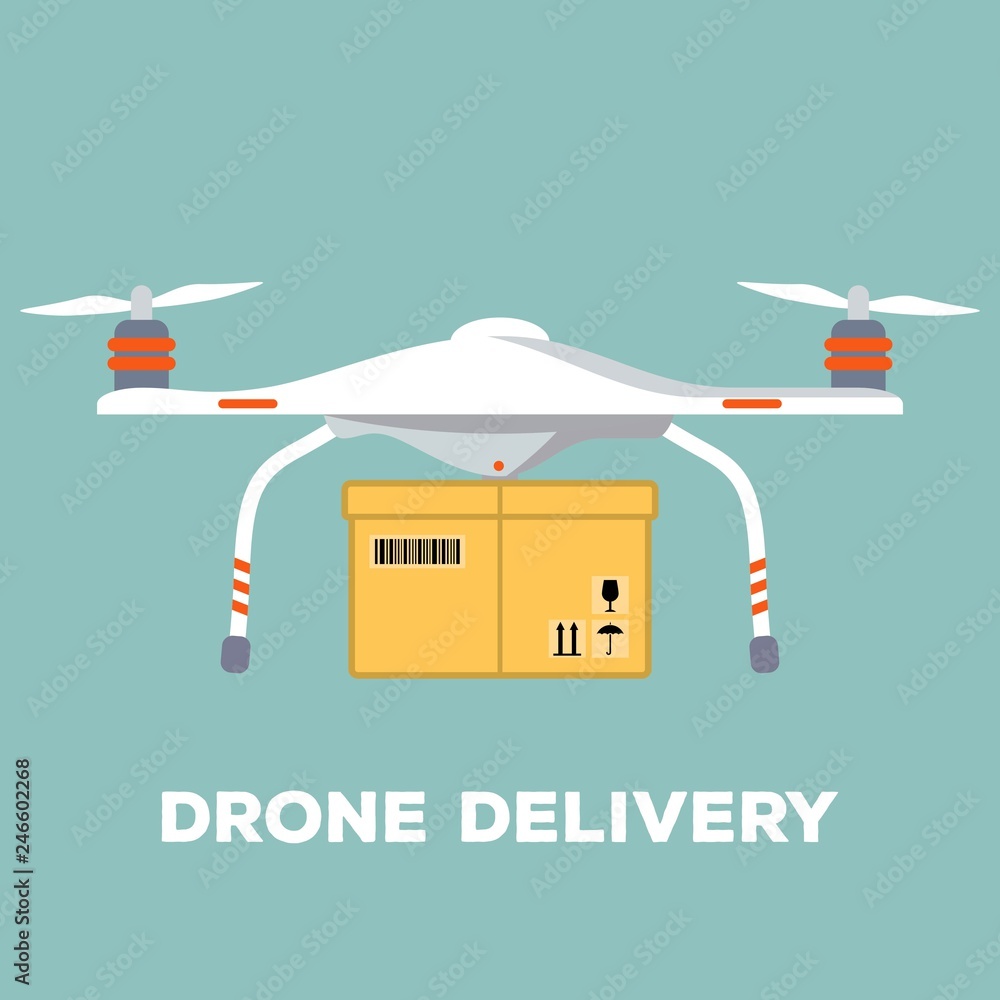 Vecteur Stock Concept for delivery service. Delivery drone with the package.  Flat design. Vector illustration. | Adobe Stock