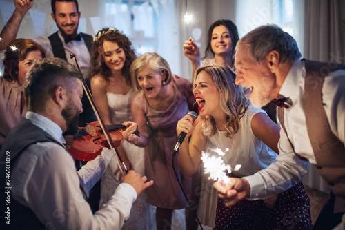 Fotografia, Obraz A young bride, groom and other guests dancing and singing on a wedding reception