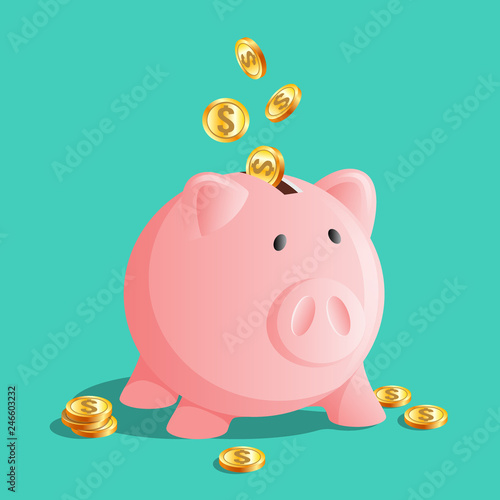 Pink piggy bank icon, moneybox with bright gold coins, keeping, saving money concept, vector illustration