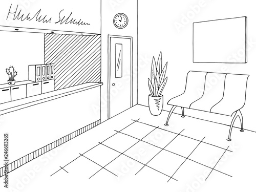 Hospital reception graphic black white lobby interior sketch illustration vector