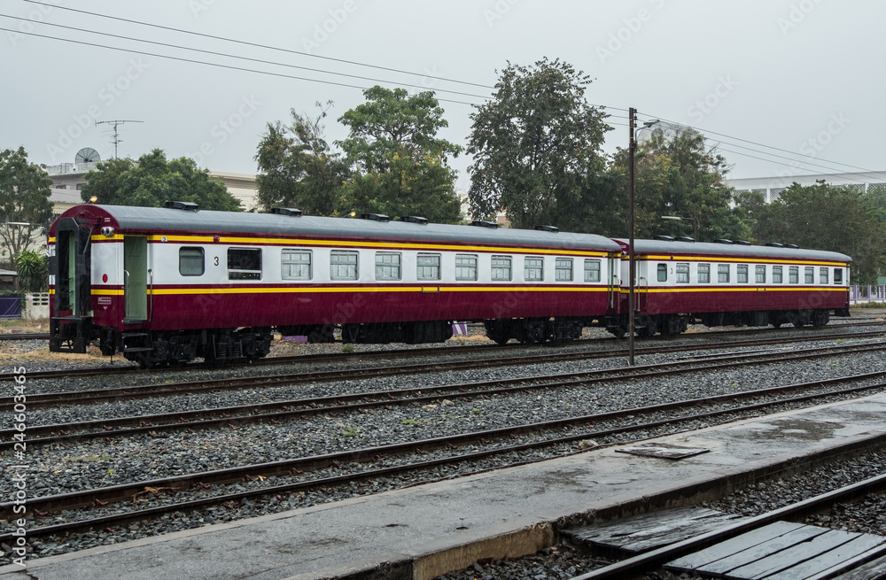 Thirst class passenger car is parking in the yard. Thirst class passenger car is parking in the yard.