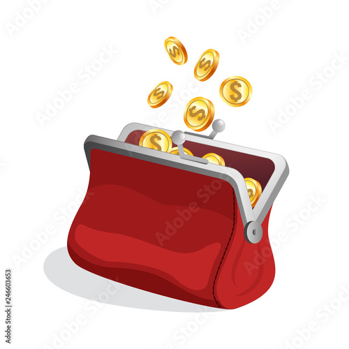 Opened red purse icon or red money wallet icon with bright gold coins inside, shopping, business and finance concept, money savings, vector illustration