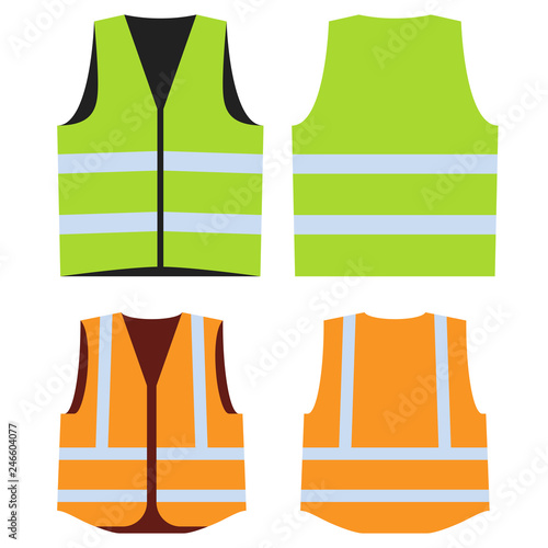 Road vest for safe work. Front and back side. Vector illustration.