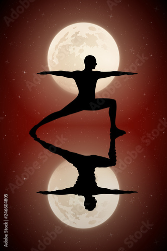 Yoga on moonlit night. Vector illustration with silhouette of yogi in pose of warrior. Full moon in starry sky