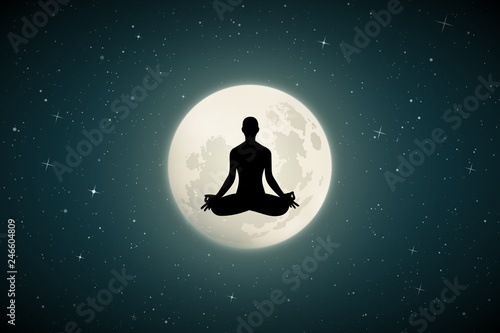 Yoga on moonlit night. Vector illustration with silhouette of yoga girl in lotus pose. Full moon in starry sky