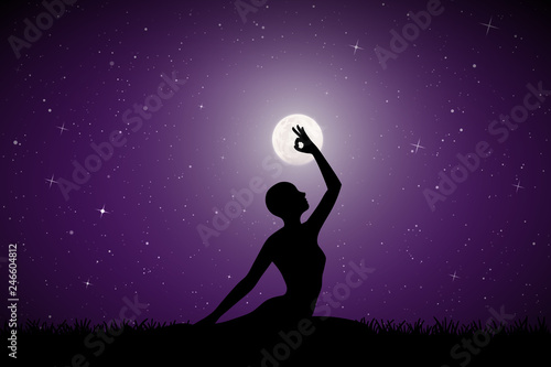 Yoga on moonlit night. Vector illustration with silhouette of yoga girl on grass. Full moon in starry sky