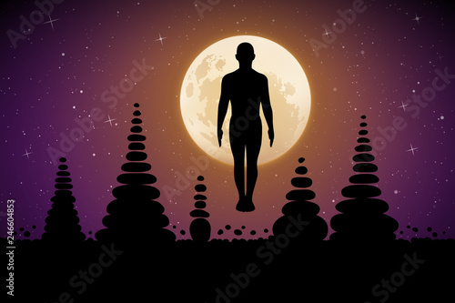 Yoga on moonlit night. Vector illustration with silhouette of yogi in pose of tadasana and pyramids of stones. Full moon in starry sky photo