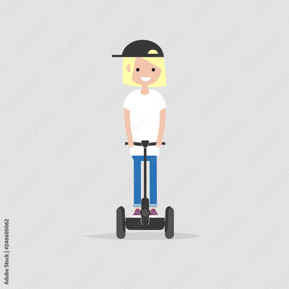 young character riding on segway. Vector flat cartoon illustration
