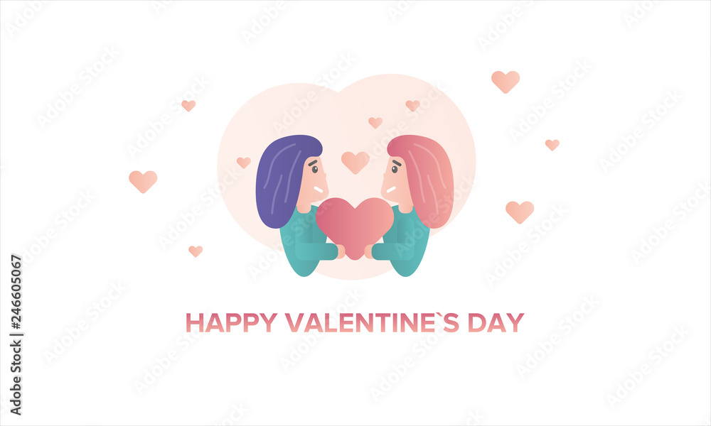 Happy Valentines Day. A pair of lovers, girl and a girl, holding a heart in their hands. Character flat illustration. Cartoon vector Happy Valentines Day. A pair of lovers, girl and a girl, holding a heart in their hands. Character flat illustration. Cartoon vector