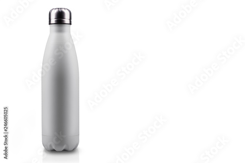 White empty stainless thermo water bottle close-up isolated on white background.