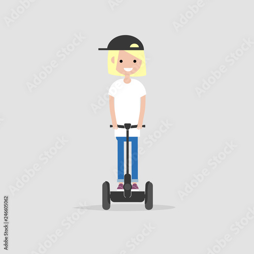 young character riding on segway. Vector flat cartoon illustration