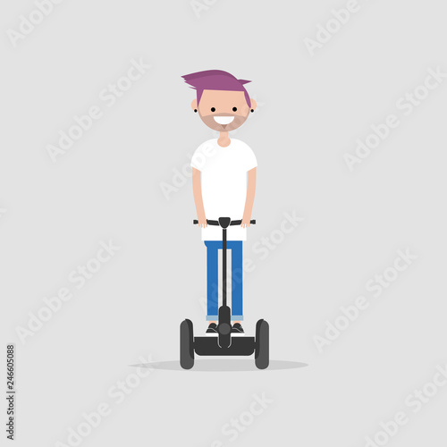 young character riding on segway. Vector flat cartoon illustration