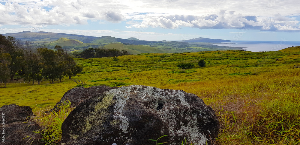 View of the Easter Island landscape with in the background, on the right, the Poike volcano, and, on the left, the Terevaka volcano, Easter Island, Chile