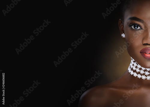 Vogue style close-up portrait of beautiful black woman photo