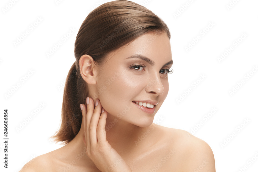 The beautiful happy smiling female face. The perfect and clean skin of face on white. The beauty, care, skin, treatment, health, spa, cosmetic concept The beautiful happy smiling female face. The perfect and clean skin of face on white. The beauty, care, skin, treatment, health, spa, cosmetic concept