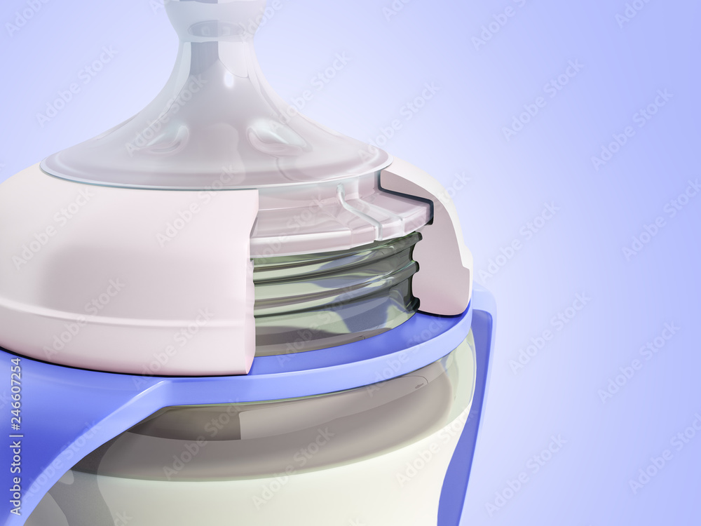 the baby bottle with milk 3d render on blue the baby bottle with milk 3d render on blue
