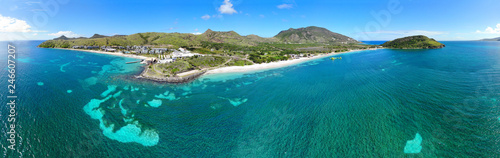 Aerial panoramic view of Christopher Harbor and the Caribbean Sea  Saint Kitts  near the Park Hyatt hotel and Reggae Beach