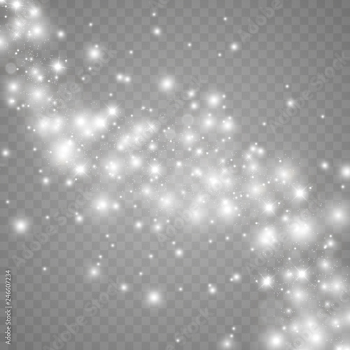 White sparks and golden stars glitter special light effect. Vector sparkles on transparent background. Christmas abstract pattern. Sparkling magic dust particles 