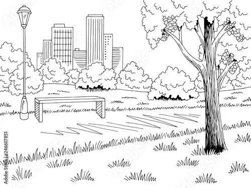 Park graphic black white bench lamp landscape sketch illustration vector