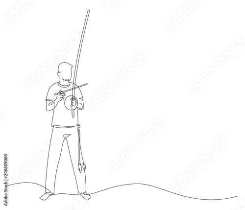 Man playing at berimbau. Capoeira fighter contour Isolated on white. vector illustration