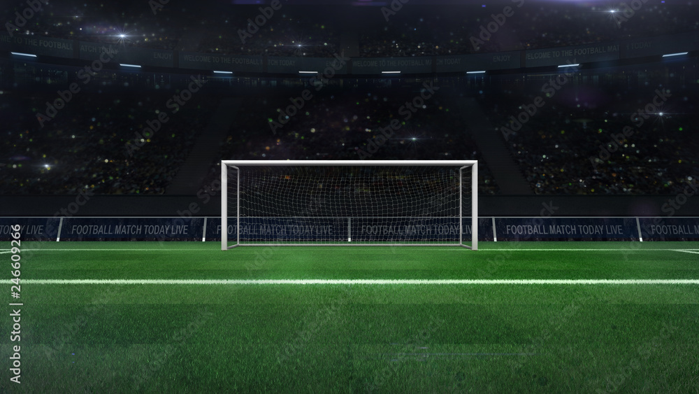 football or soccer goal gate closeup with green grass and fans behind,  football stadium sport theme digital 3D illustration design my own  Stock-Illustration | Adobe Stock