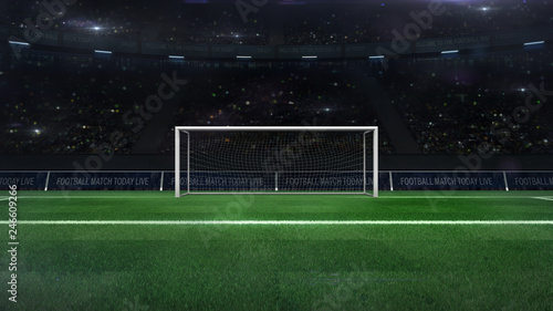 football or soccer goal gate closeup with green grass and fans behind, football stadium sport theme digital 3D illustration design my own photo