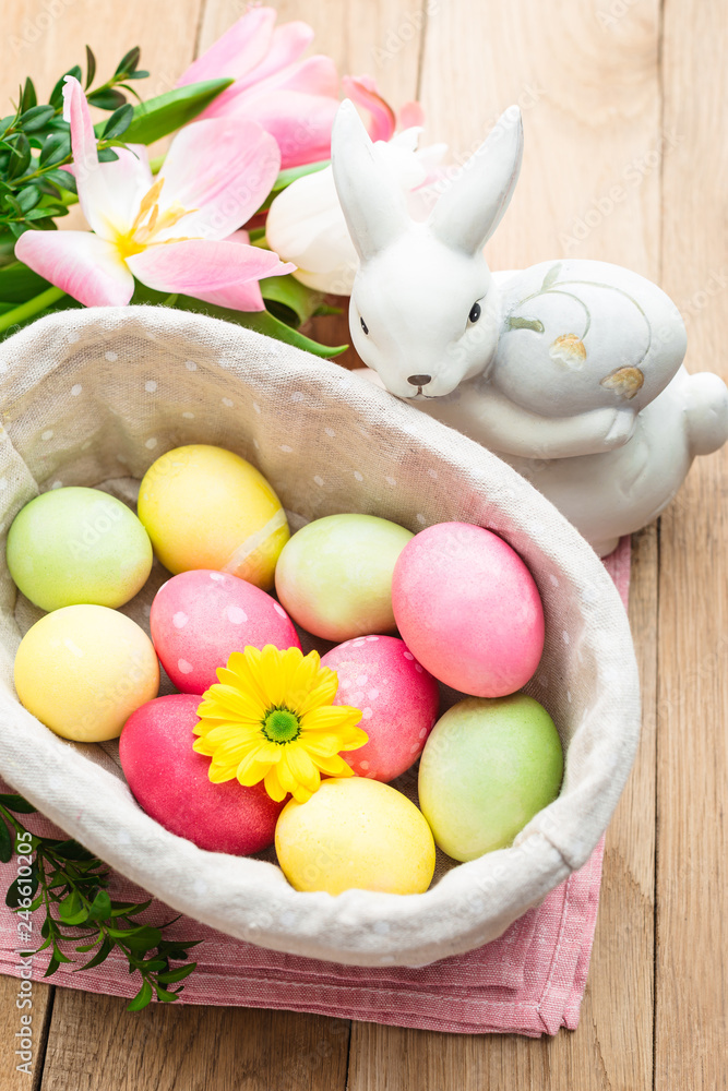 Easter, painted eggs in a basket on a wooden background, tulips, spring Christian holiday Easter, painted eggs in a basket on a wooden background, tulips, spring Christian holiday