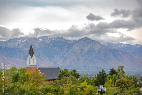 Salt Lake City landscape with church steeple