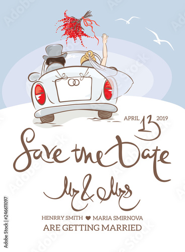 Wedding invitation. Vector illustration, postcard - bride and groom in car