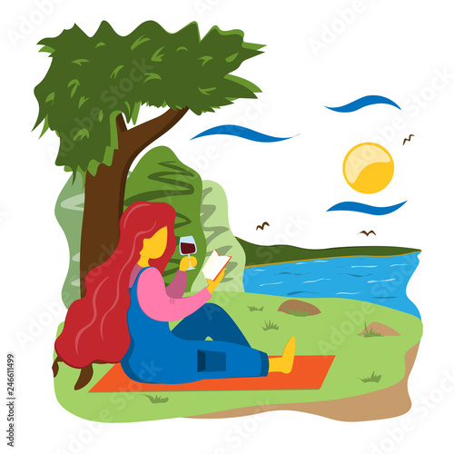 A girl with a book and a glass of wine is resting in nature, leaning on a tree. Illustration in flat style.
