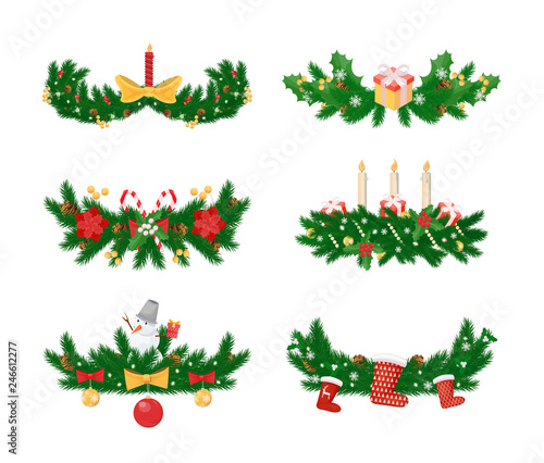 Pine branches with candle and socks, baubles toys vector. Bows and ribbons, snowman winter character with carrot nose, decorations of spruce tree