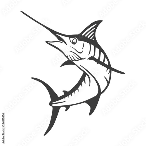 Hand Drawn Marlin fish jump. Design elements for logo, label, emblem, sign, brand mark. Vector illustration.