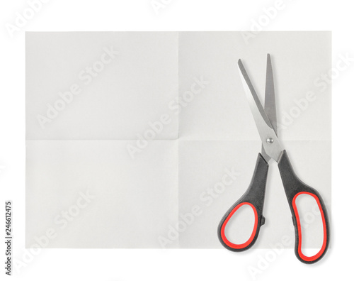 sheet of paper fold with scissors isolated on white