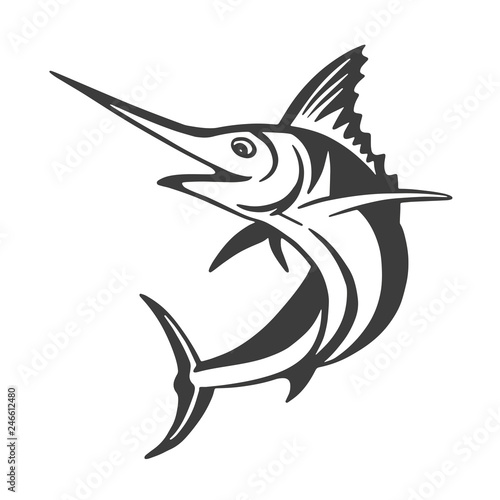 Hand Drawn Marlin fish jump. Design elements for logo, label, emblem, sign, brand mark. Vector illustration.