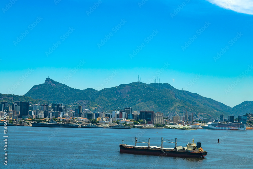 Cargo ship arrives at Guanabara Bay in the city of Rio de Janeiro, Brazil South America. 