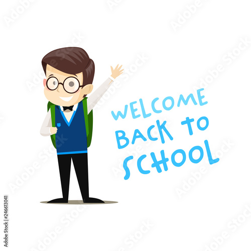 Happy schoolboy with backpack welcomes all vector illustration of welcome back to school concept