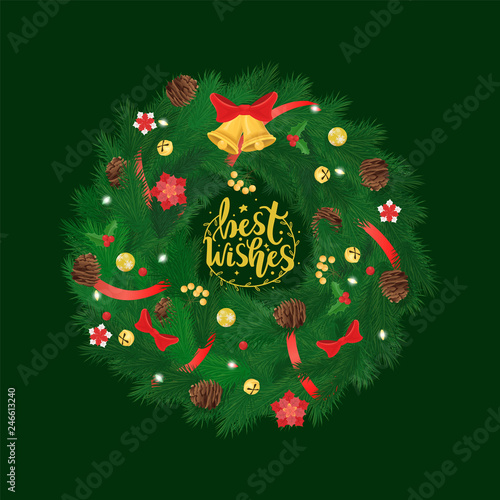 Best wishes pine tree vector, wreath decorated with bells and bows. Cone with star toys decoration, decorative elements spruce, coniferous branches