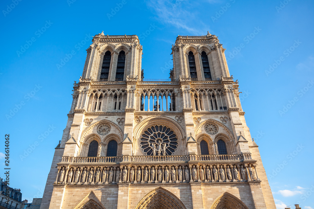 facade of notre dame de Paris, medieval cathedral (church) in paris, france