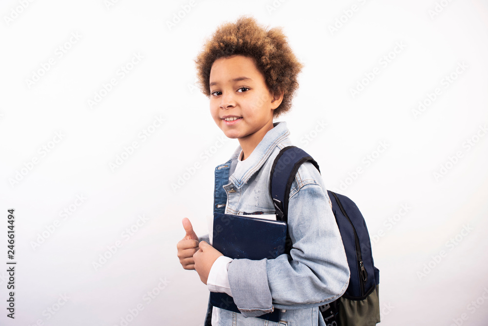Cute mixed school boy on white background with backpack and books. Cute mixed school boy on white background with backpack and books.